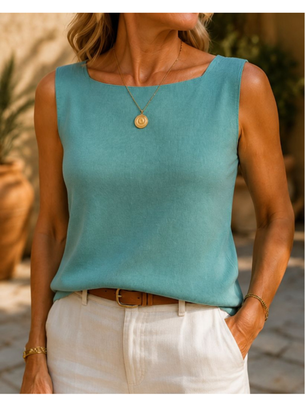Coldwater Creek Silk Cotton Knit Shell Top Aqua Sleeveless Minimalist Sweater M